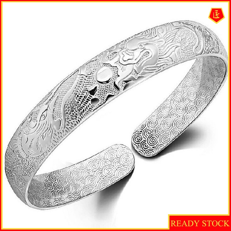 [Ready Stock]Dragon and Phoenix Carved Ethnic Style Silver Bracelet