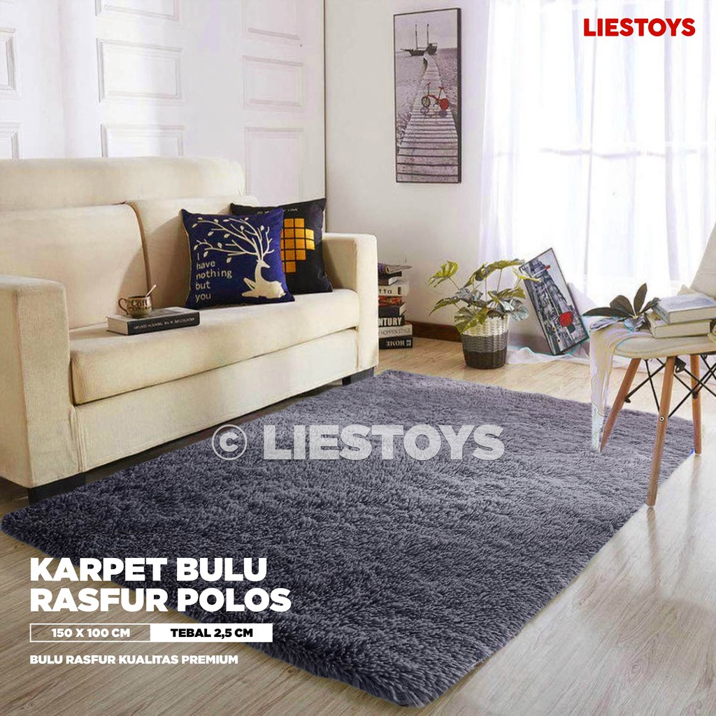 Karpet Bulu Rasfur Polos Warna Abu-Abu / Karpet Polos Ukuran 150x100 cm Tebal 2,5 cm