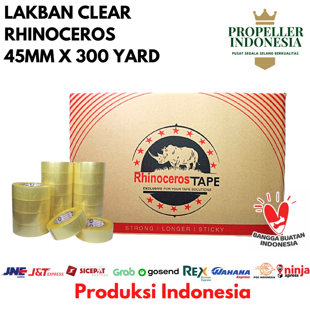 Lakban RHINOCEROS Tape Lakban OPP Bening/Coklat Isolasi Putih 45MMx300Yard @36Rolls/perdus GRAB/GOJE