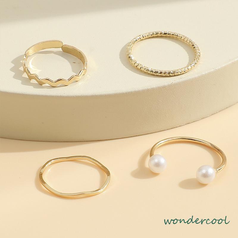 4 Pcs/set Korea Cincin Emas Untuk Wanita Sederhana Mutiara Elegan Cincin Set Dapat Disesuaikan Terbuka Perhiasan Hadiah-Won