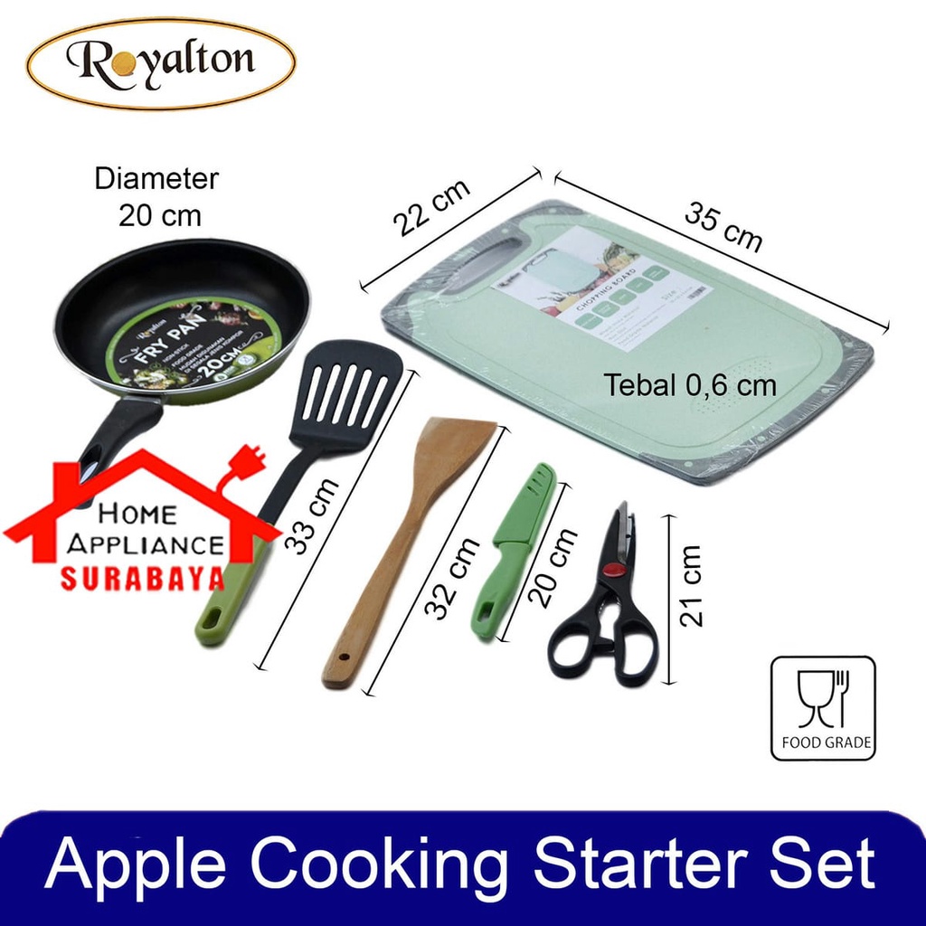 Asta Apple Royalton Panci Frypan 20 CM Spatula Nylon Kayu Gunting Buah Pisau Talenan telenan Set