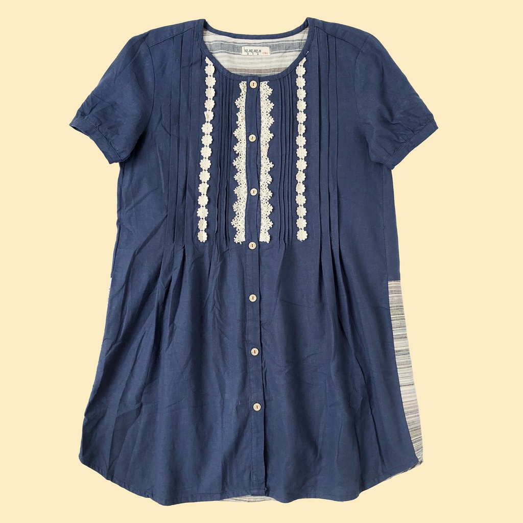 DRESS MINI TUNIK LINEN BIRU DADA PLEATS RENDA PANEL SALUR GARIS IMPORT