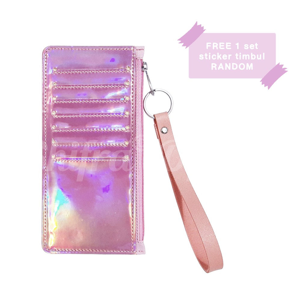 Shifra Card Holder 6 Slot Dompet Kartu Genggam Kantong Uang Bahan Holo Pink Blue Purple (Free Stickers)