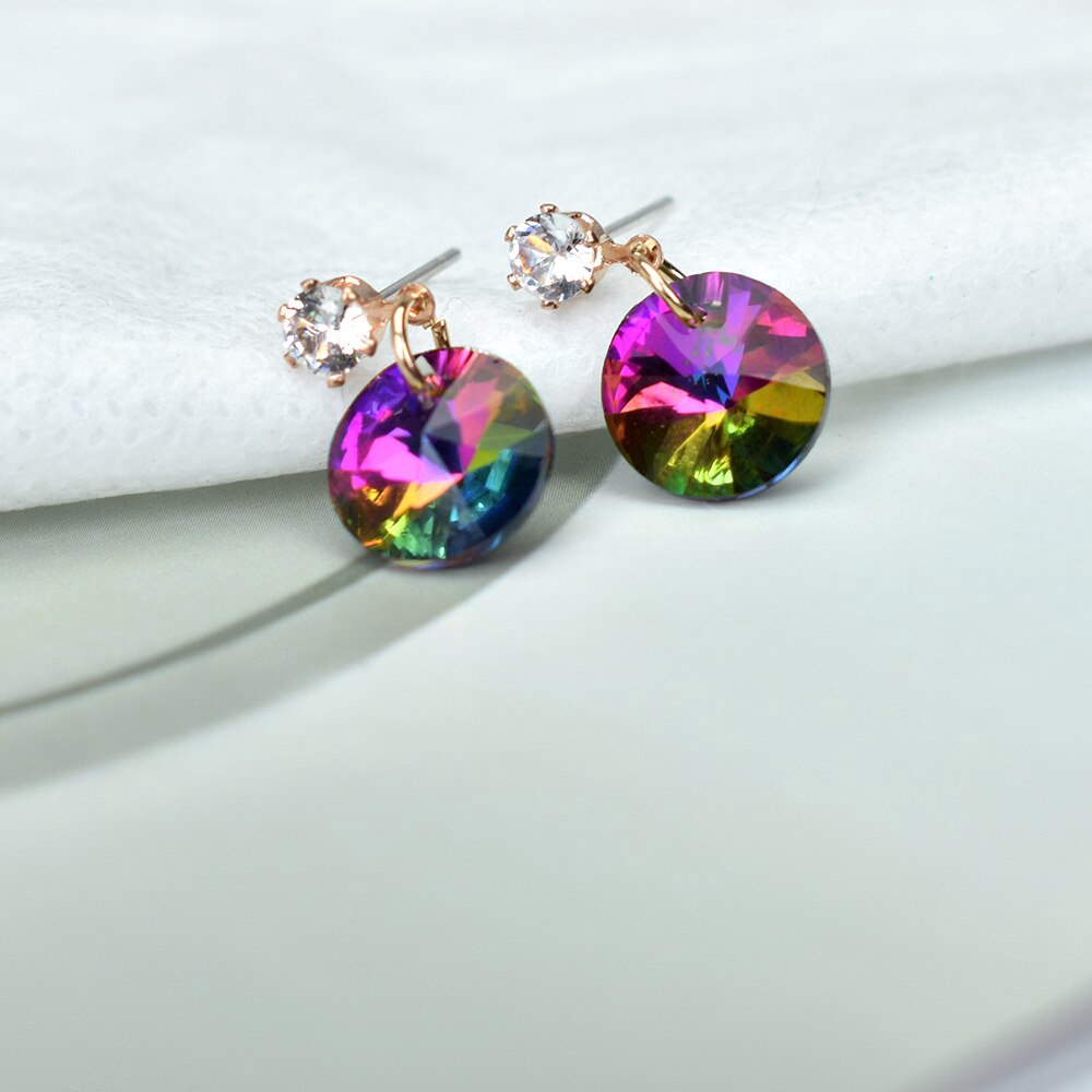 Anting Stud Bentuk Bulat Geometris Aksen Kristal Warna-Warni Untuk Wanita