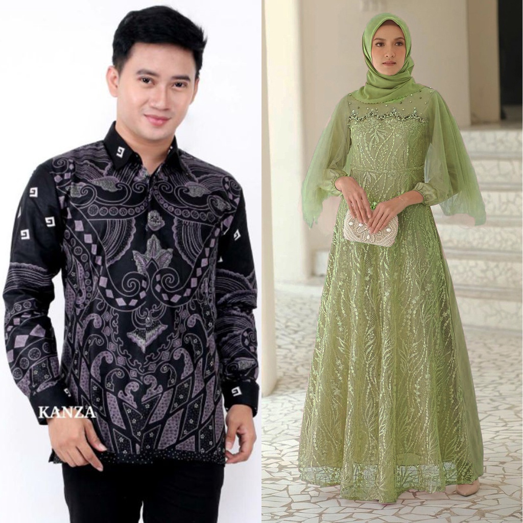 PRODUK TERBARU - Baju Batik Couple Gamis Brukat Modern | Couple Batik Gamis Tunagan | Baju Batik Gamis Brukat Couple Family | Baju Batik Couple Keluarga | Outfit Kondangan Kekinian | Seragam Dress Pesta Brokat Modern