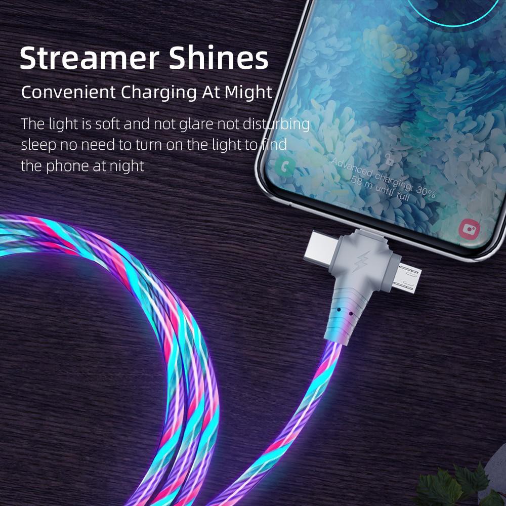 3 in 1 Kabel Charger Micro USB Tipe C 8 Pin Dengan Lampu LED Luminous