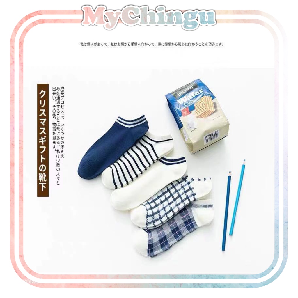 ❀ Chingu ❀ KK026 Kaos Kaki (Tanpa Kemasan) Wanita Tipis Pendek Semata Kaki Motif Kotak Biru Navy Fashion Korea Women Sock Import Murah