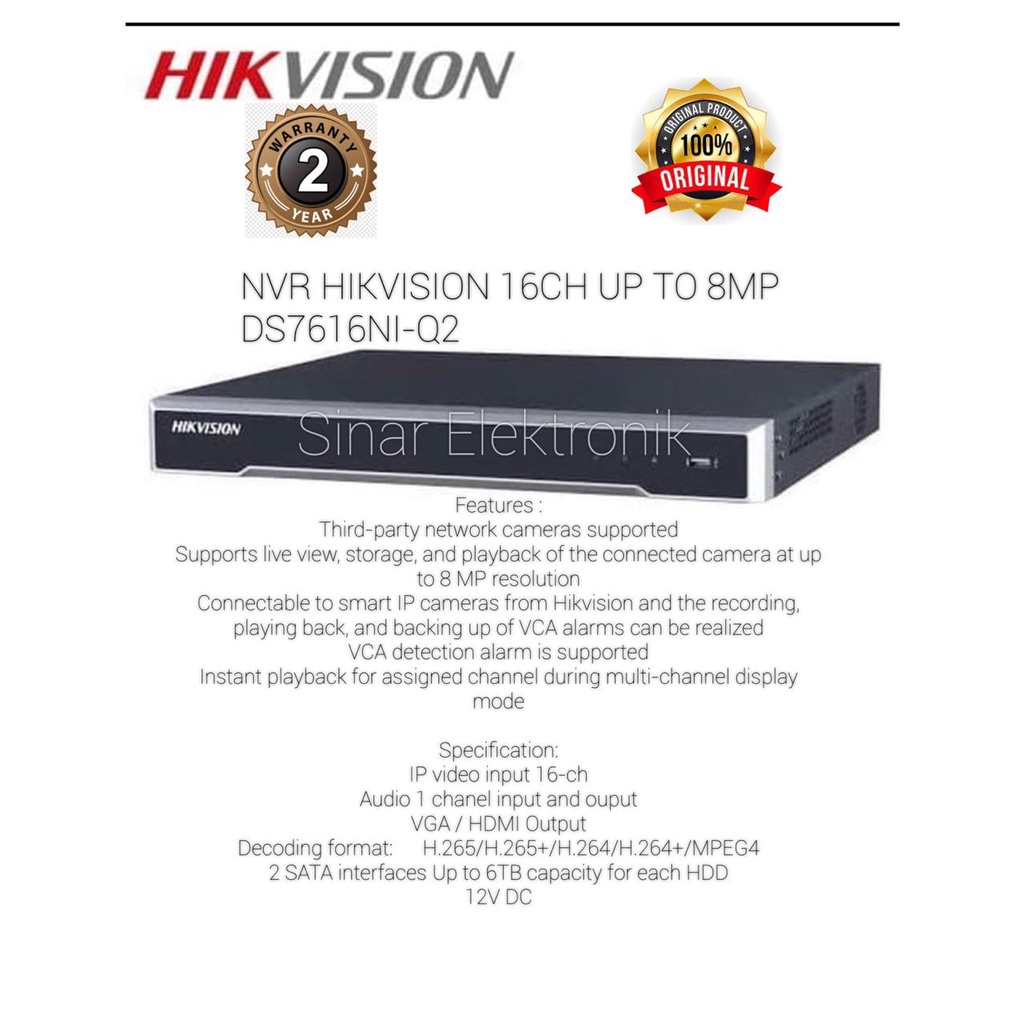 NVR HIKVISION 16CH H265+ DS-7616NI-Q2 NON POE ORIGINAL GARANSI 2 TAHUN