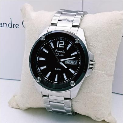 am Tangan Alexandre Christie AC 8609 M Silver Black Man Original