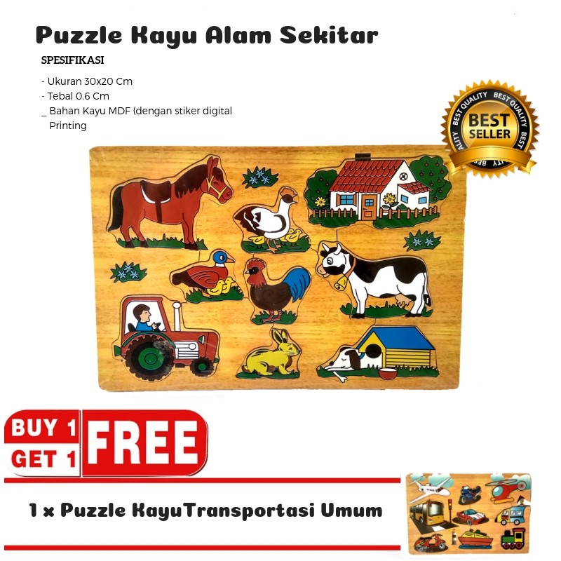 Mainan Kayu Pintar Buy 1 Get 1 Puzzle Kayu Alam Sekitar (Free Puzzle Kayu Transportasi Umum)