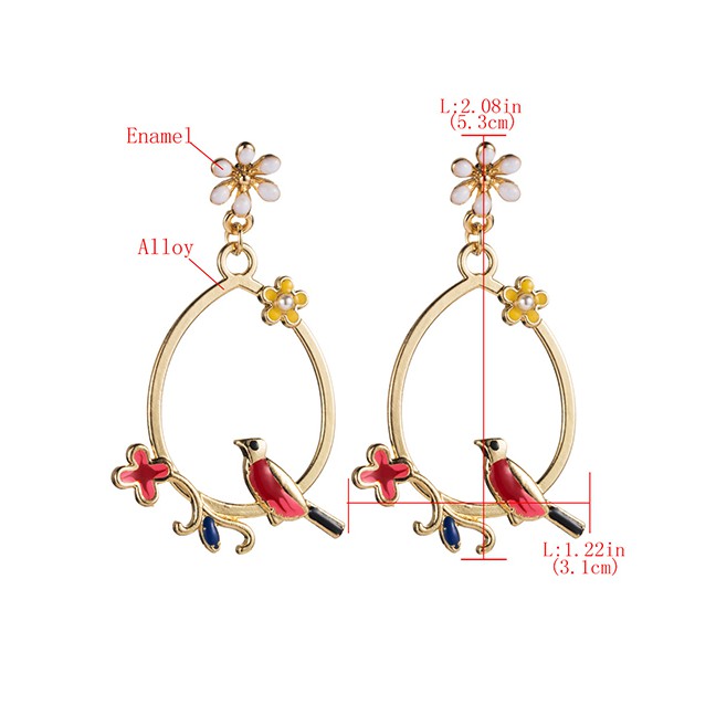 LRC Anting Tusuk Fashion Gold Color Alloy Drop Oil Floral Bird Earrings Alloy D08740