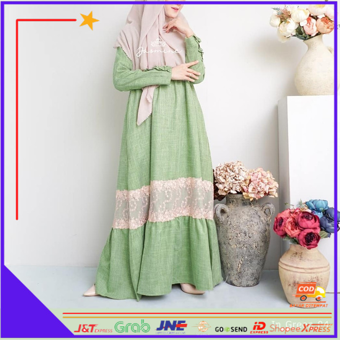 ❤BISA COD❤ Baju Gamis Jasmine Aurel Dress by Lidiahadiwinoti - Greentea, L