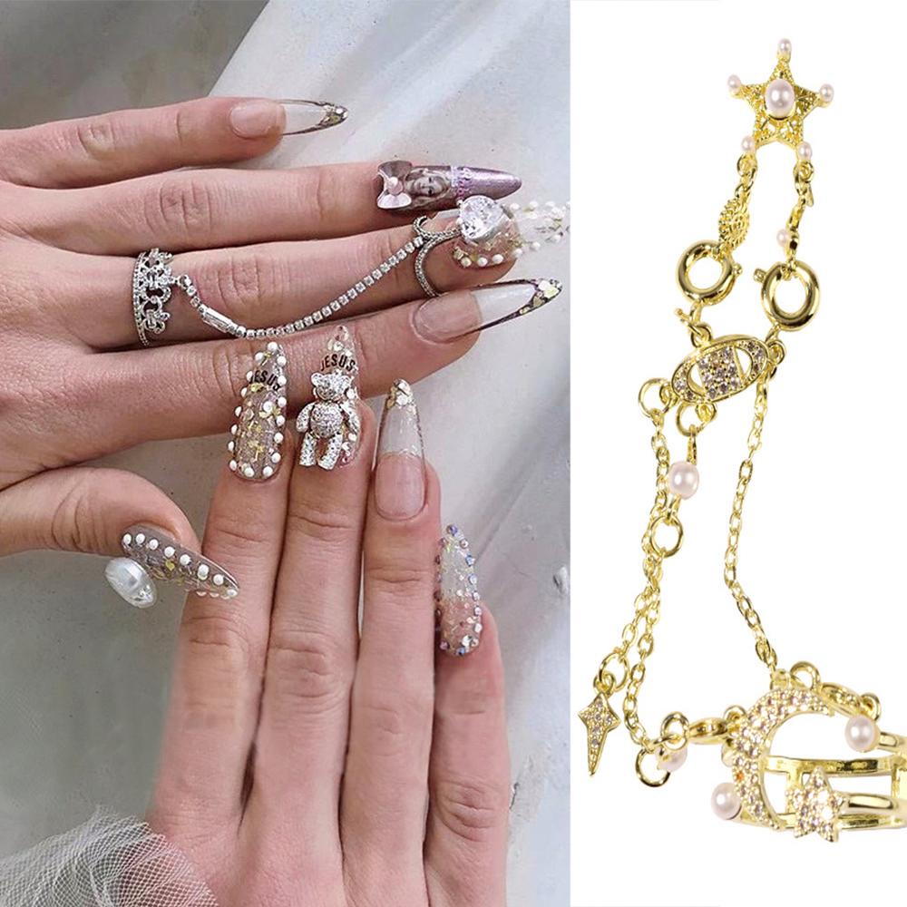 Mxbeauty Perhiasan Cincin Kuku Emas Perak Mahkota Liontin Rumbai Logam Zirkon Nail Art Dekorasi