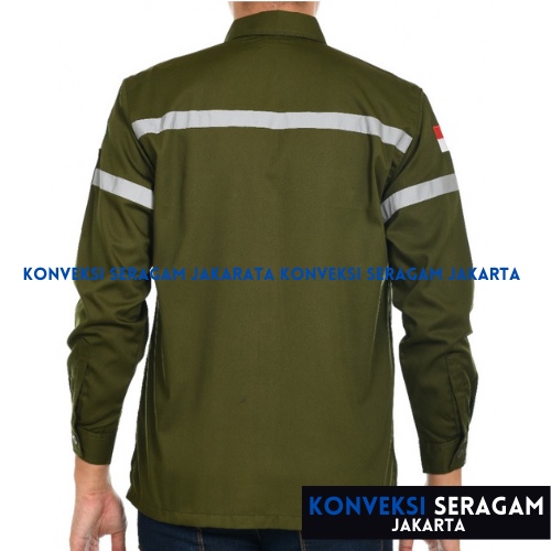 Baju Kemeja Safety K3 Lengan Panjang - Seragam Kerja Atasan Wearpack Werpack Werpak Proyek Tambang Warna Hijau Army  Pria Wanita - Konveksi Seragam Jakarta