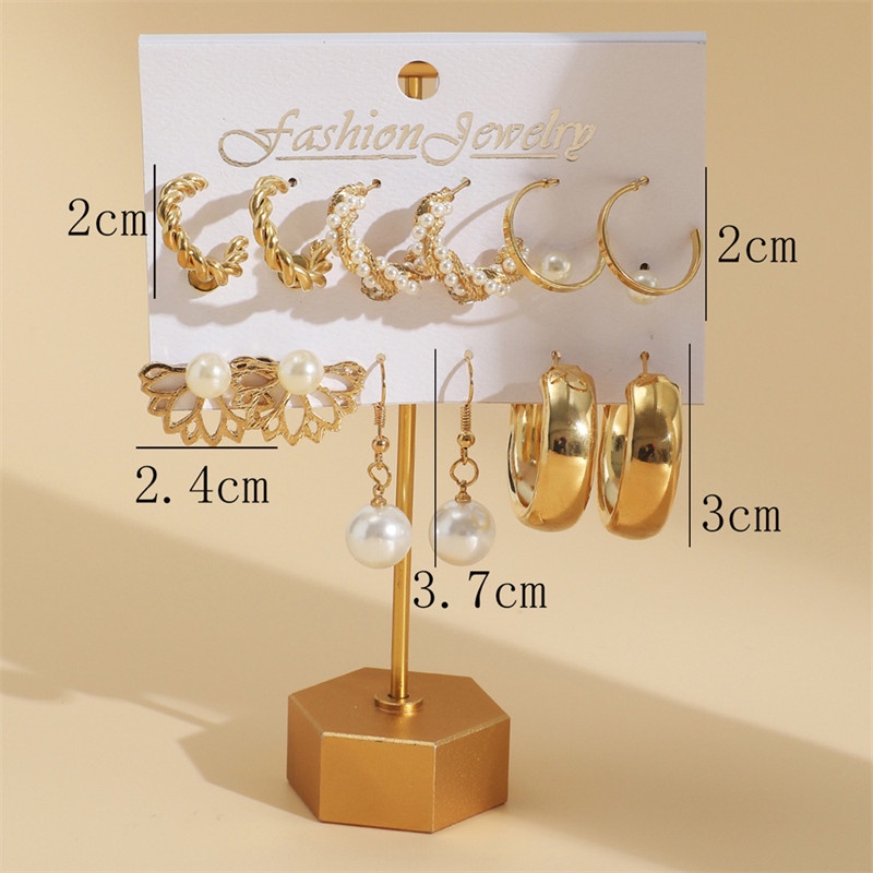 6 Pasang / Set Anting Hoop Liontin Mutiara Bahan Logam Untuk Aksesoris Wanita