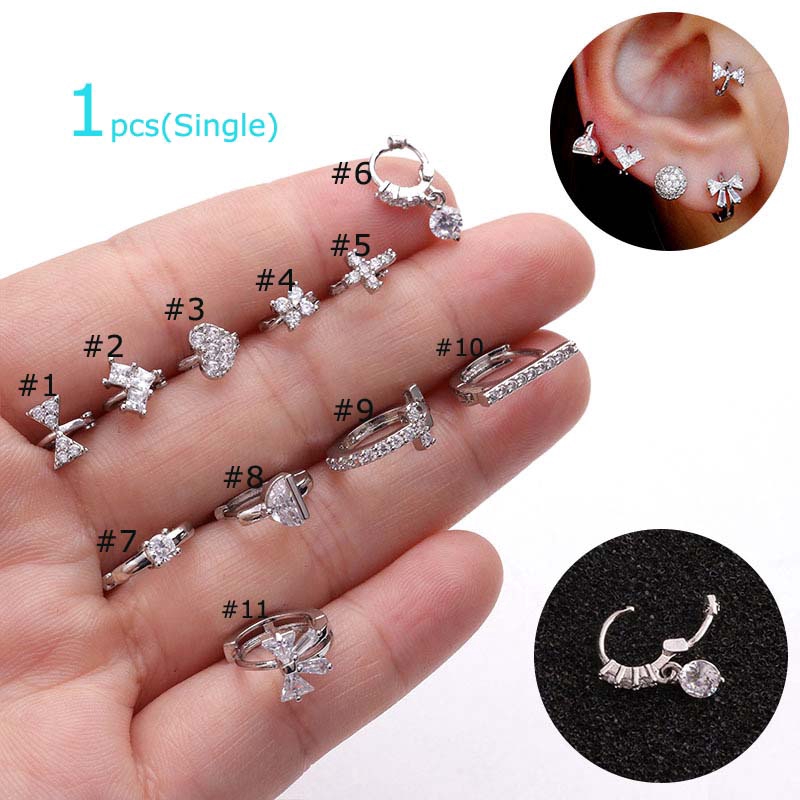 1piece Zircon Earrings Cross Small Hoop Tragus Helix Piercing