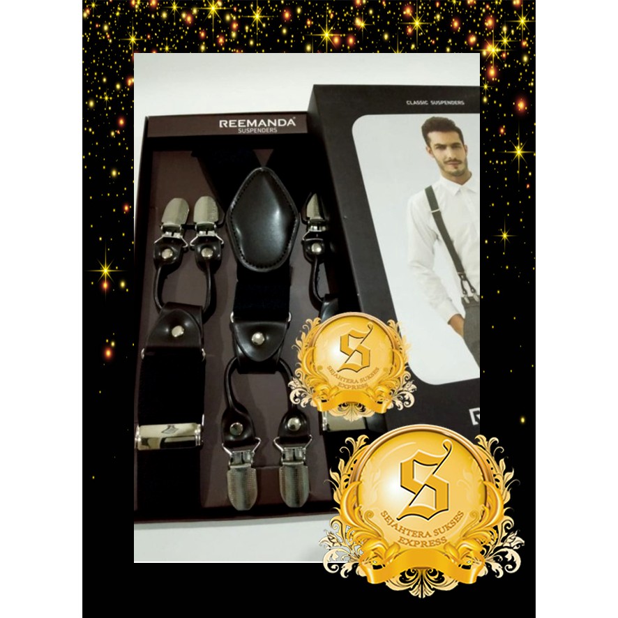 suspender bretel hitam kulit capit 6 logam premium ready stok sse trade center