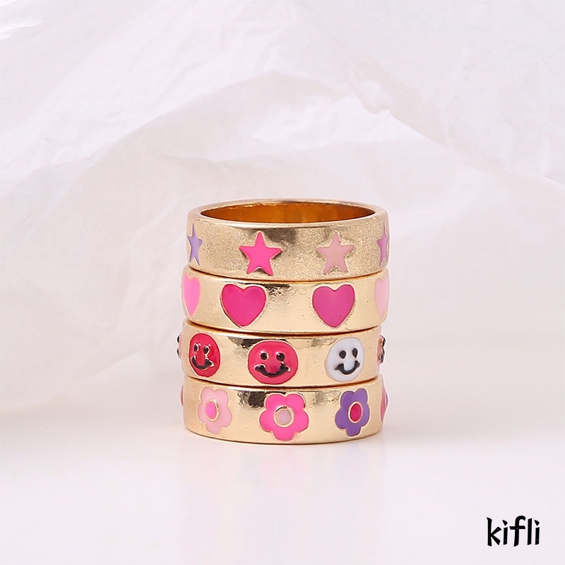 Fashion Sederhana Macarons Bohemian Kartun Cincin,Cinta Smiley Bunga Bintang Seri,Cincin Pasangan