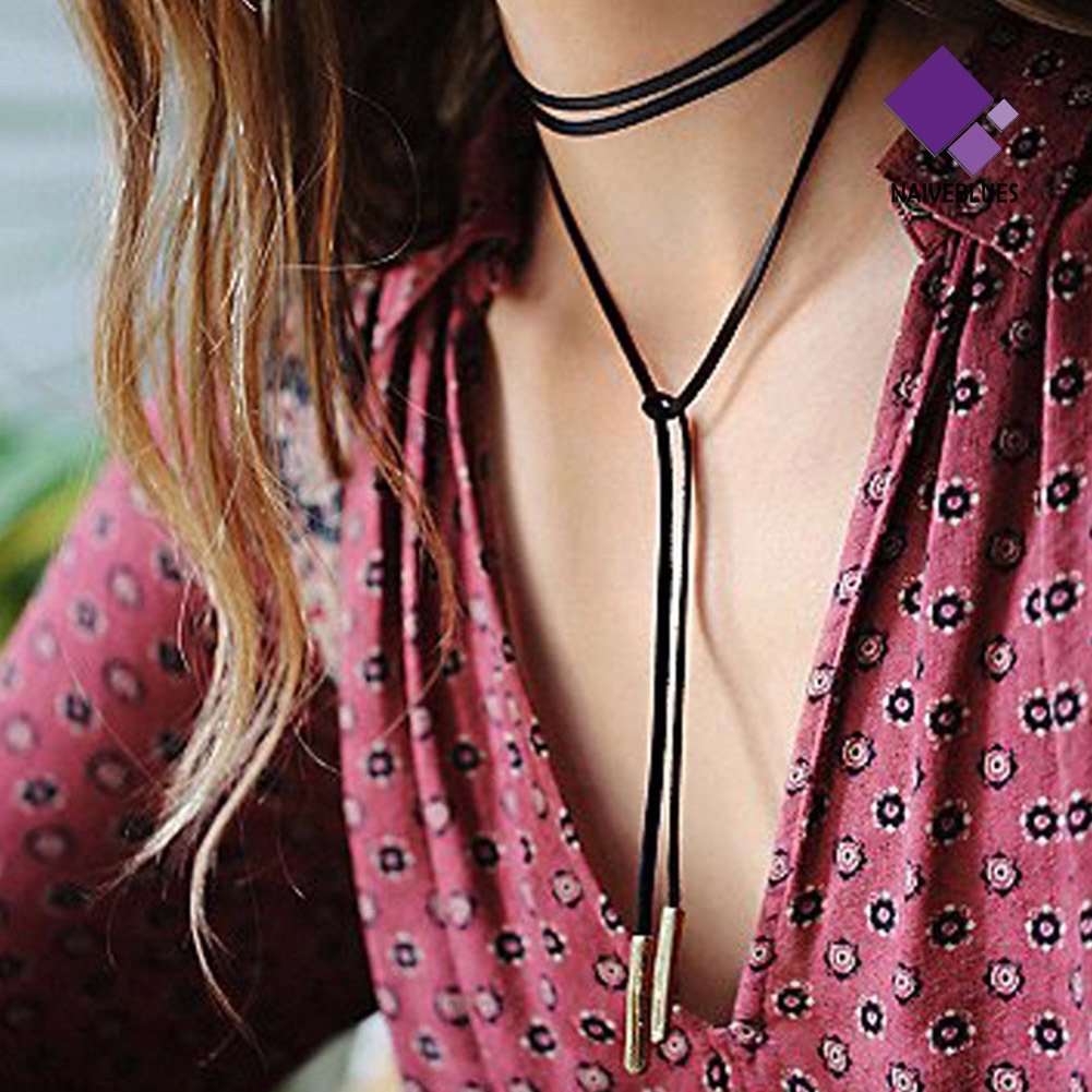 Kalung Choker Bahan Kulit Warna Hitam Gaya Boho Untuk Wanita