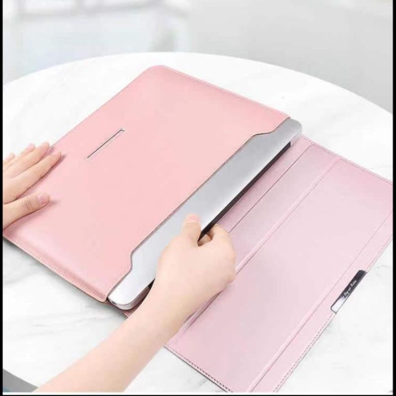 Premium Sleeve Tas Laptop PU with Magnet and Kickstand 13 14 15 15.6 inch