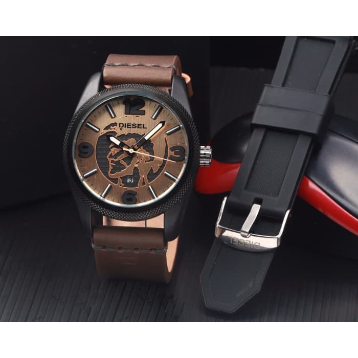 Jam Tangan Pria / Cowok Diesel Paket Leather Light Brown Plat Gold