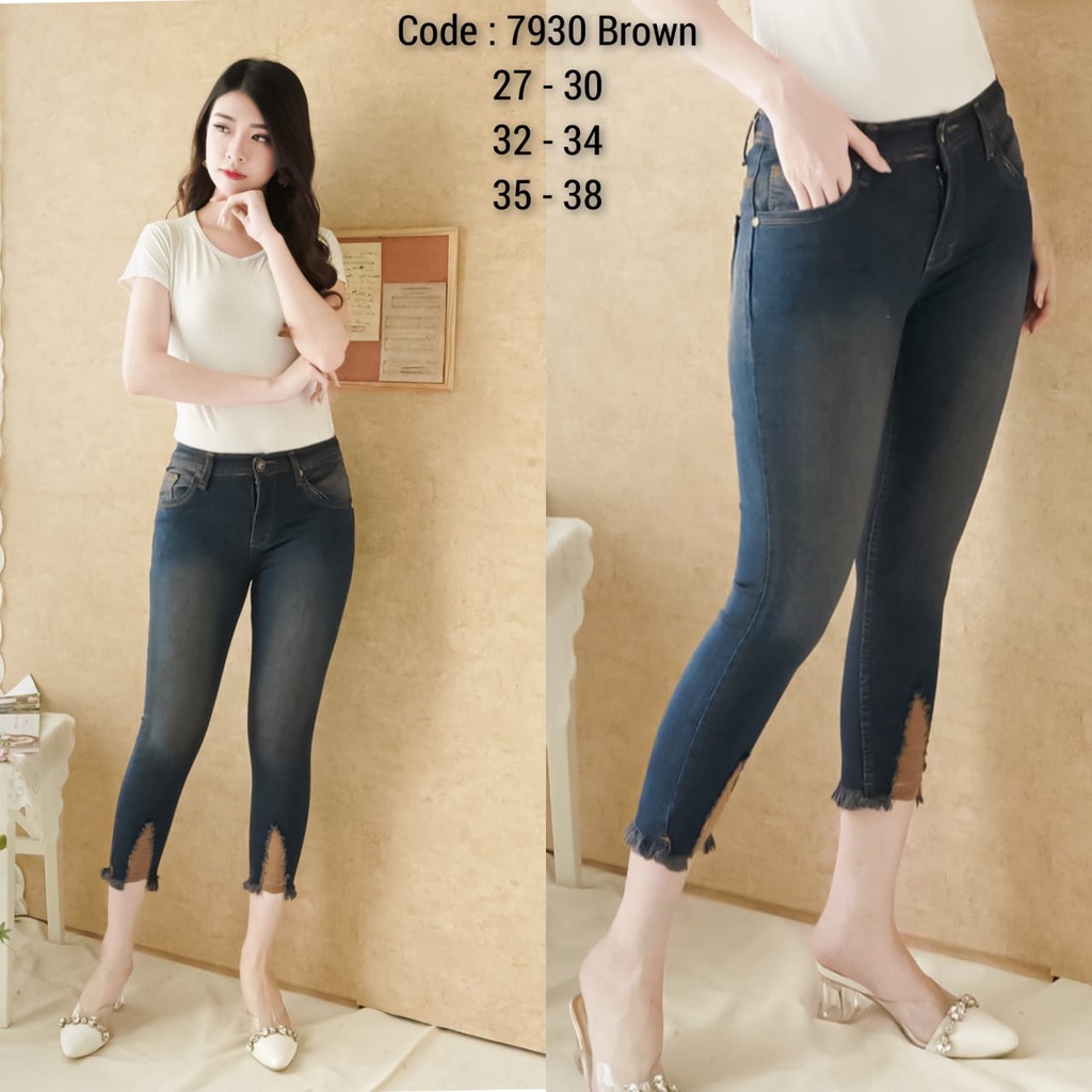 #7930 Celana Jeans Wanita Ripped Sobek Lapis 7/9