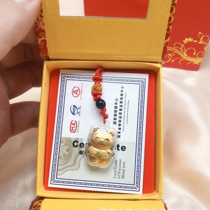 Kalung Tali Merah Set Liontin Emas Macan Fu Hoki Kado Gift Set Box Harga Grosir Termurah