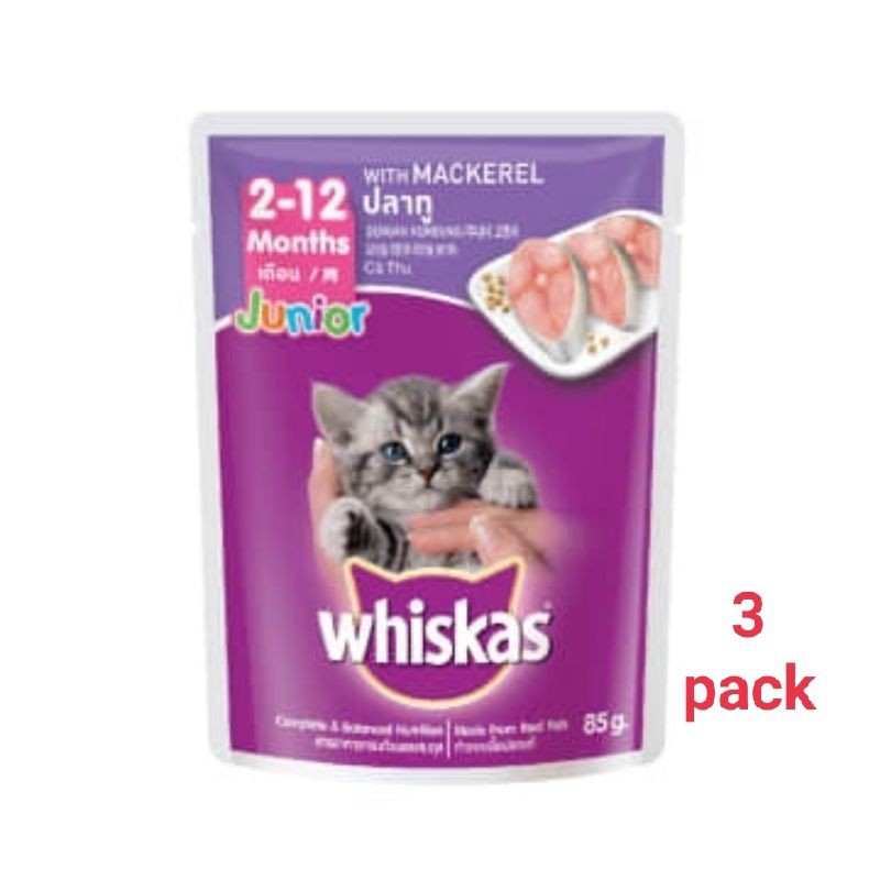 whiskas 3 pcs makanan kucing umur 2-12 bulan mackerel 85 gram