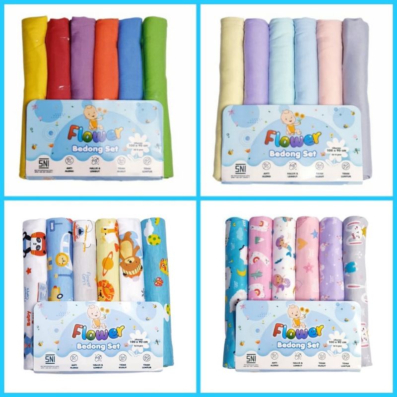 6 Pcs (1/2 Lusin) Bedong Bayi 90x100cm 90x115cm Rainbow BABY OWIE FLOWER POLOS Halus Bedong Set / Alas Tidur 1 PACK