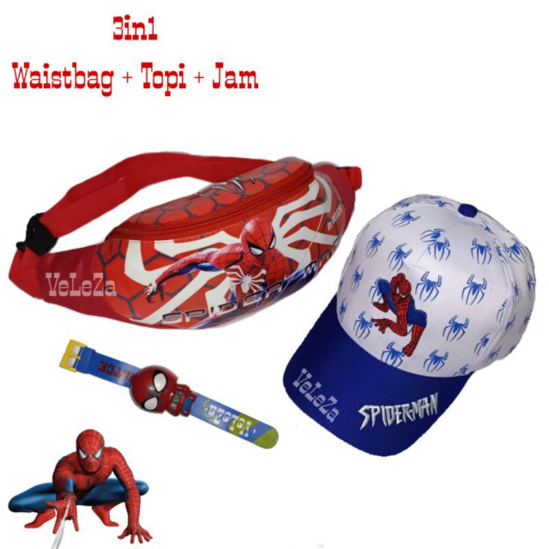 Waistbag anak karakter spiderman 3in1 - waistbag + topi bordir + jam