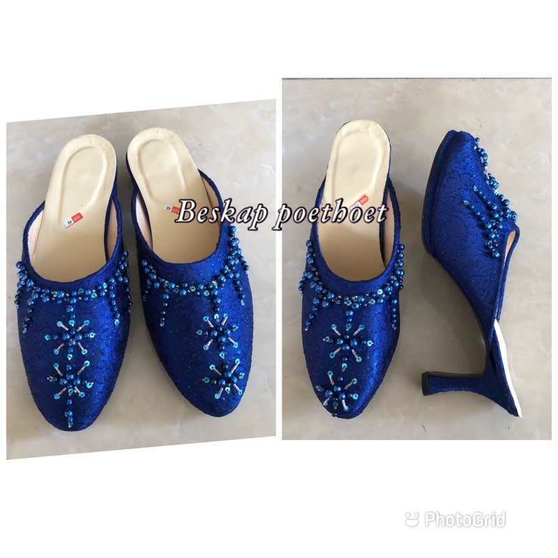 sepatu sandal selop pengantin Jawa pria wanita biru payet