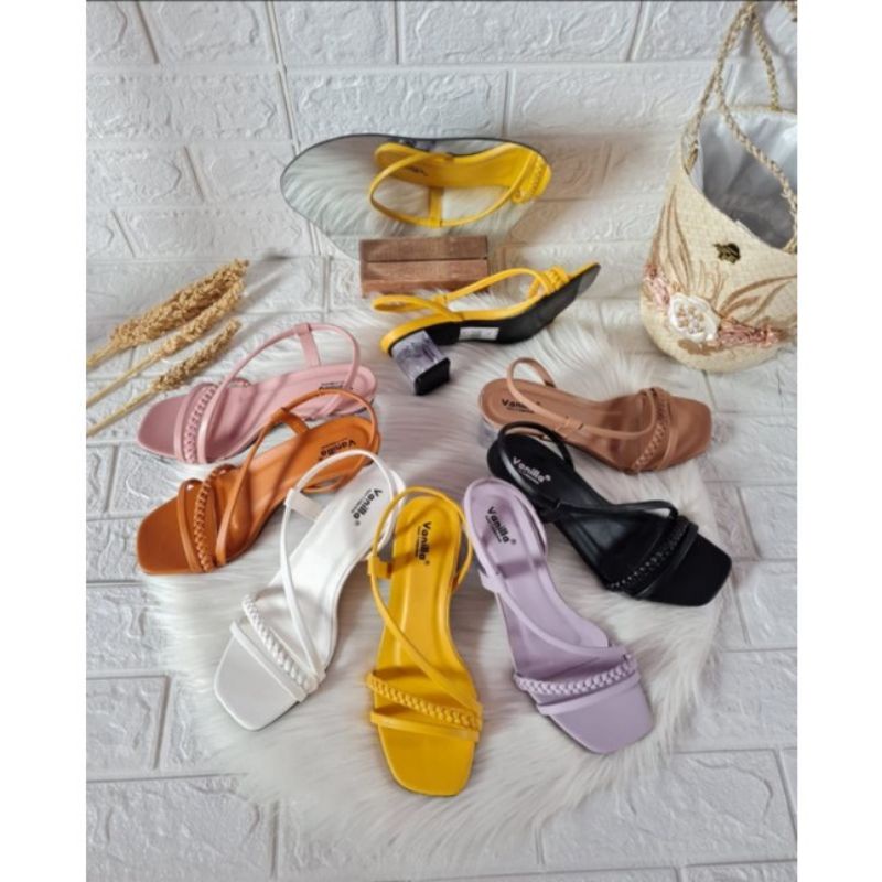 AR_Sandal hak kaca 5cm Heels tali silang kepang hak tahu hils sendal wanita VN05