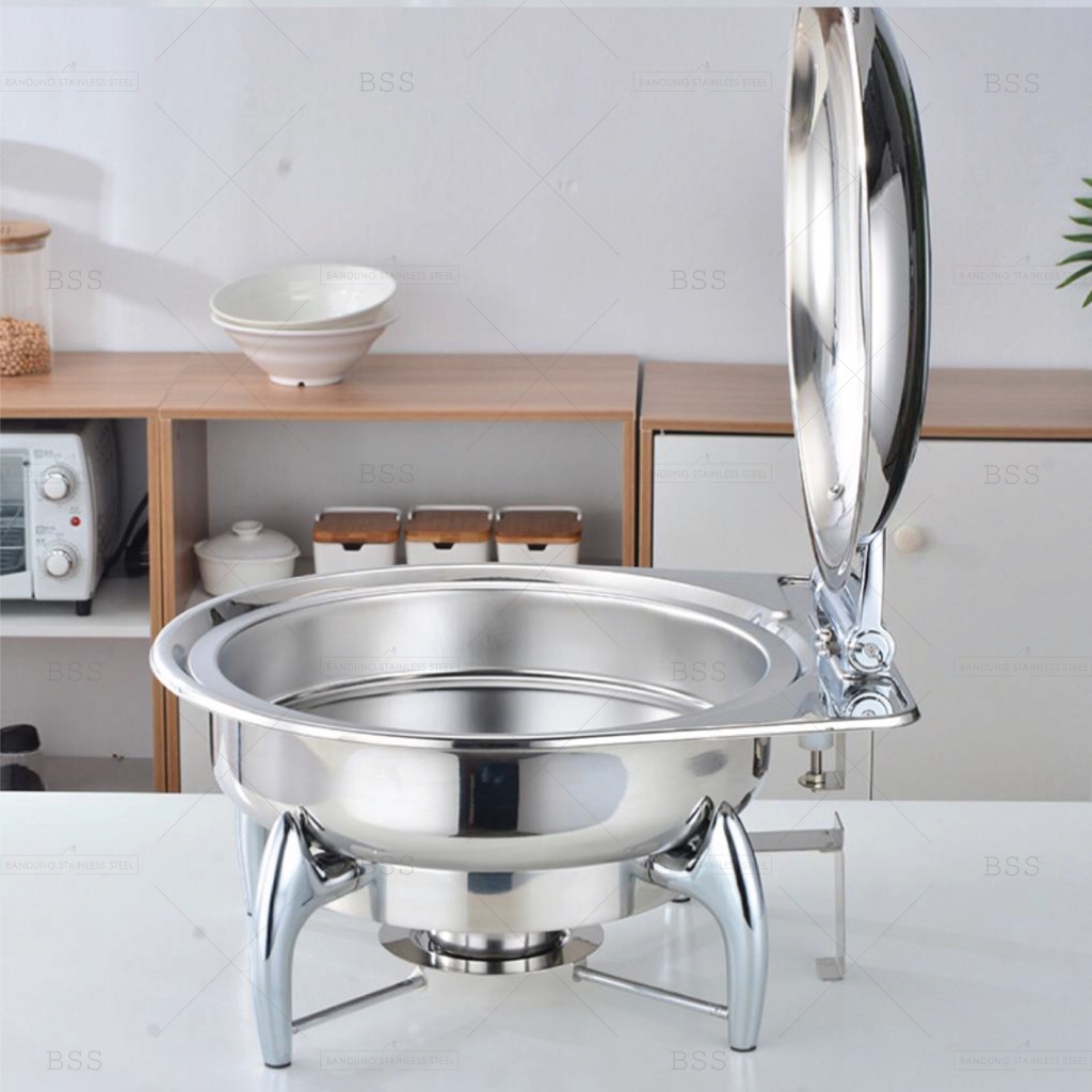 Chafing Dish Hidrolik Hydraulic 6L Prasmanan Stainless Kaca Tebal Kotak Bulat Wadah Tempat Makanan Saji Mewah Elegan