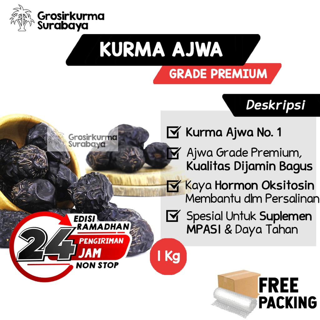 Kurma Nabi Ajwa Premium Madinah 1 Kg Tekstur Besar Pelancar Kelahiran Bumil MPASI Oleh Haji Umroh