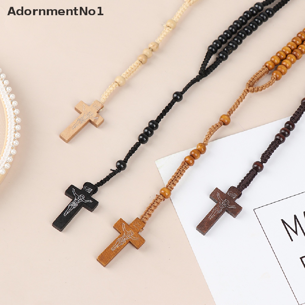 (AdornmentNo1) 1pc Kalung Rosario Katolik Manik Kayu Liontin Salib Yesus