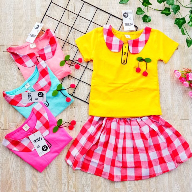 [0-4t] baju anak perempuan setelan celana pendek katun import 0-4 tahun MOTIF RENDA CHERRY / baju setelan celana anak cewek import kondangan motif CHERRY