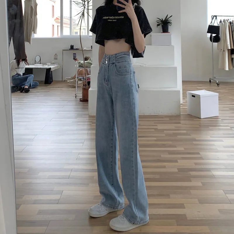 Jeans longgar pinggang tinggi wanita Korea dengan warna biru muda