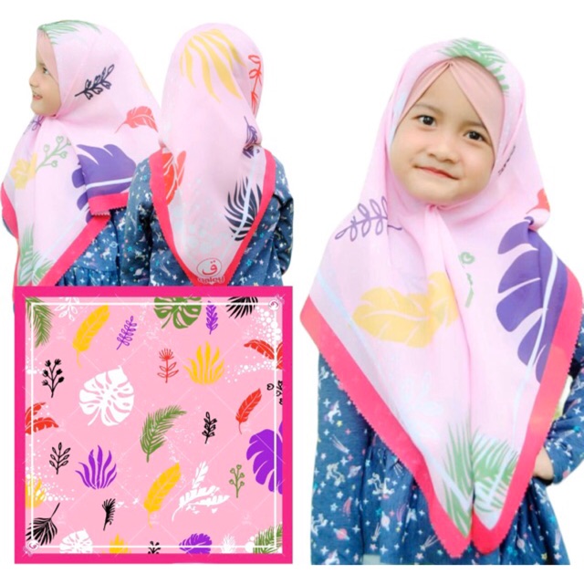 VOAL PRINTING ANAK MOTIF LEAVES / FLOWER PINK / HIJAB ANAK LUCU / JILBAB ANAK KARAKTER