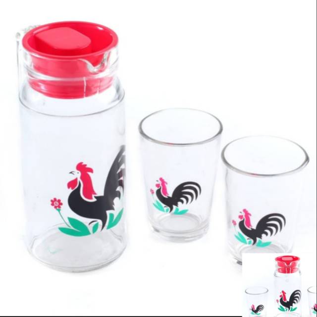 Pitcher Set Kimglass Kukuruyukk / Teko Set ayam jago  1 pcs pitcher dan 2 gelas  Kaca
