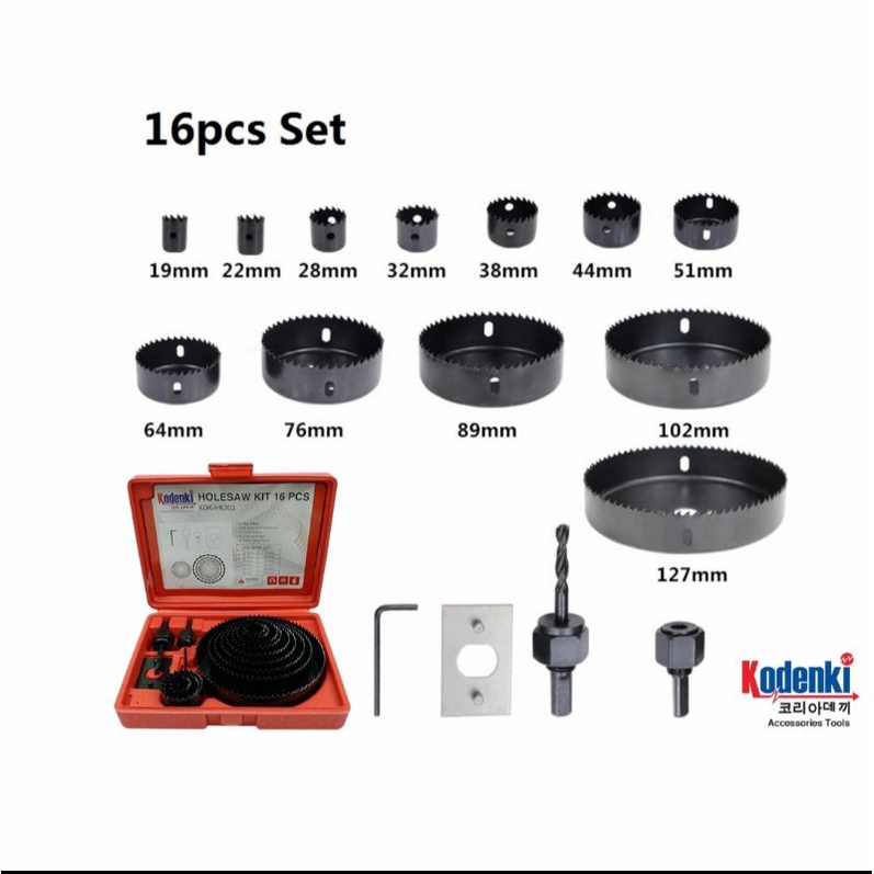 hole Saw kit set 16pc merk Freed / kodenki  pelubang kayu set 16pc