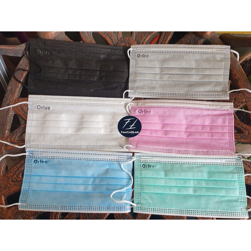 Masker Medis Orlee Earloop Non Hijab 3 Ply Ijin Kemenkes Putih Biru Pink Merah Muda Hitam Abu - Abu 
