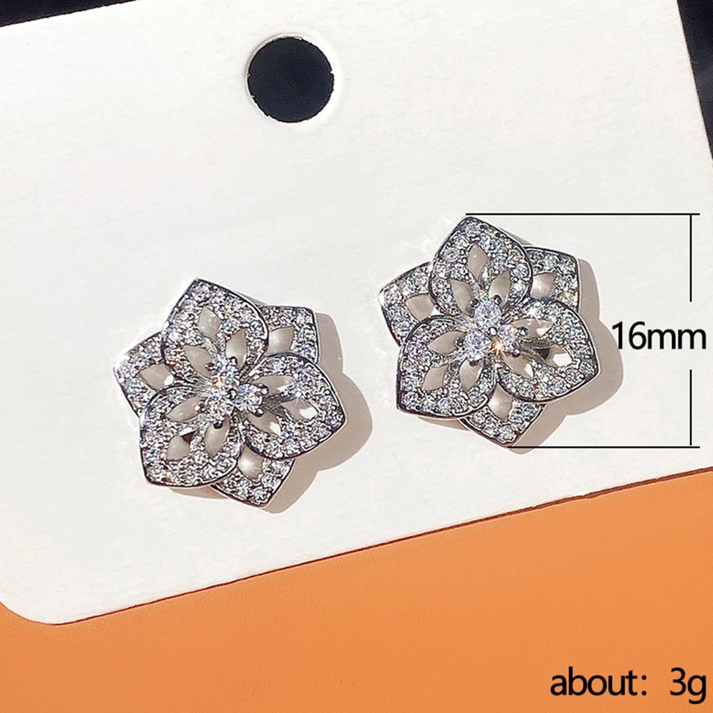 Anting Stud 925 Sterling Silver Desain Bunga Lab Aksen Berlian Untuk Wanita