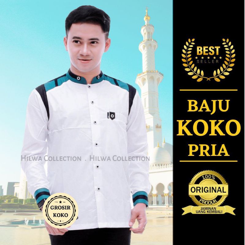 Promo Baju Koko Lengan Panjang Pria Terbaru Warna Putih Motif Tanduk Rusa Kemeja Koko Premium Origin
