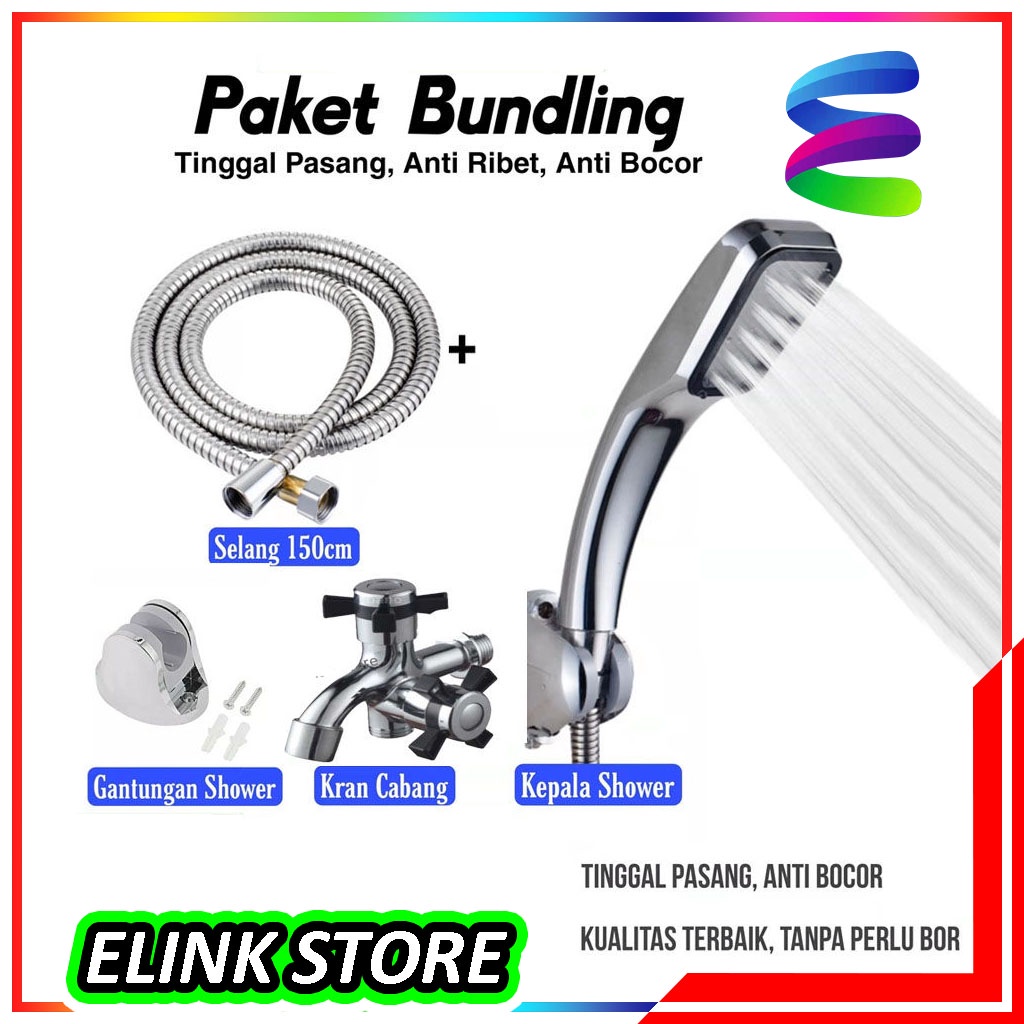 Paket Komplit Shower Mandi Chrome &amp; Keran Cabang - Set Shower Mandi 300 Lubang