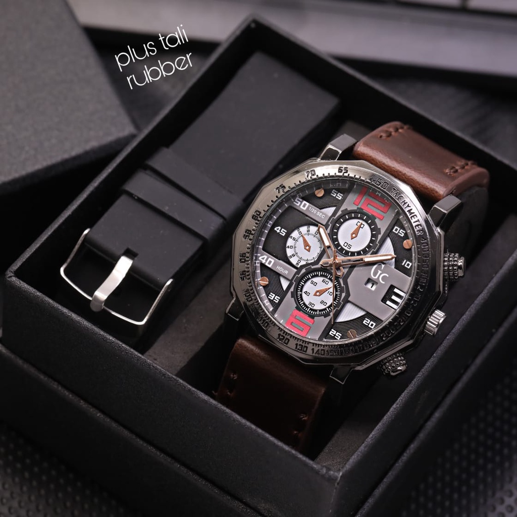 Jam Tangan Pria Fashion L4856S Tali Kulit Tanggal Aktif Chrono Variasi Free Strap Rubber Box &amp; Baterai