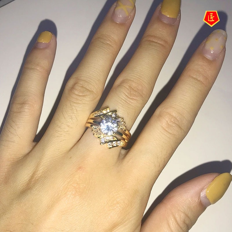 [Ready Stock]Fashion Personality 18K Gold Irregular Ladder Square Diamond Ring