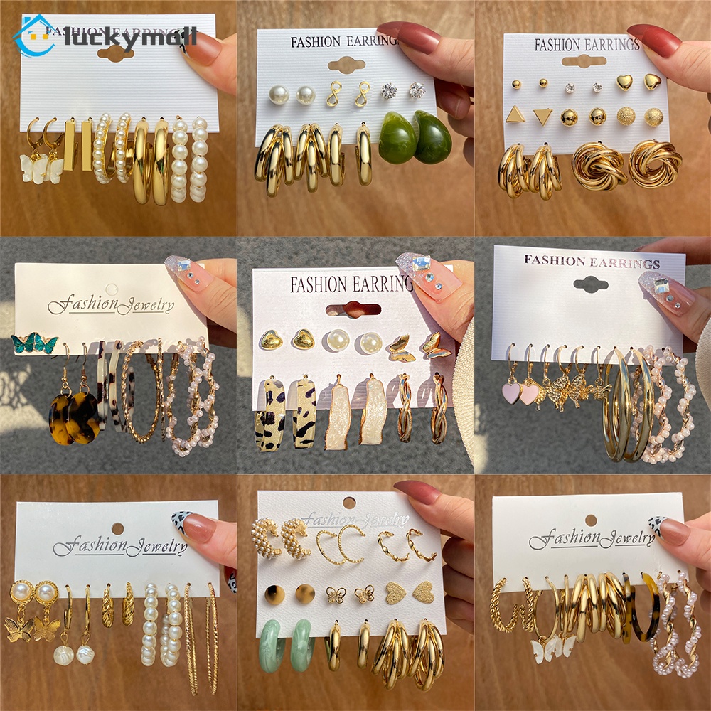 8 Pcs / Set Anting Juntai Liontin Kupu-Kupu Bahan Alloy Akrilik Hias Mutiara Untuk Wanita