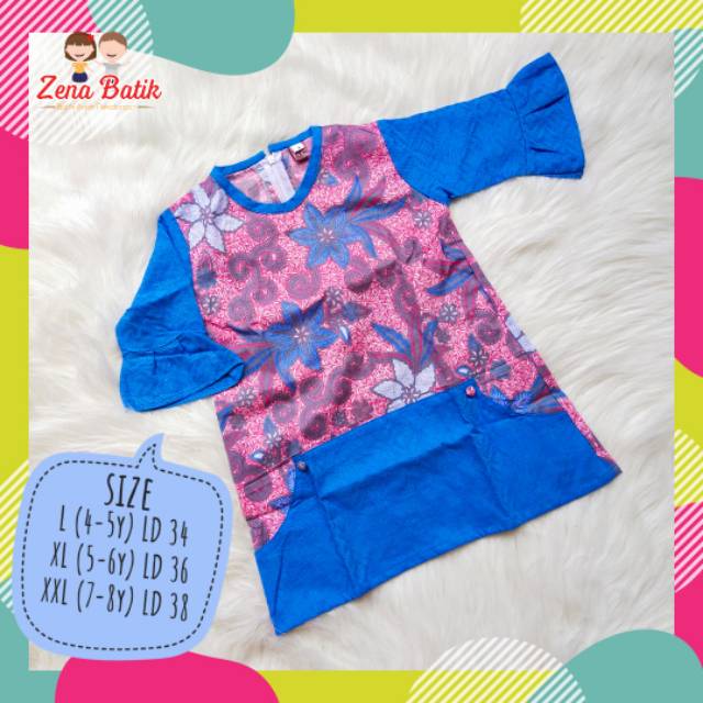 Dress anak tunik batik anak biru muda pink bunga