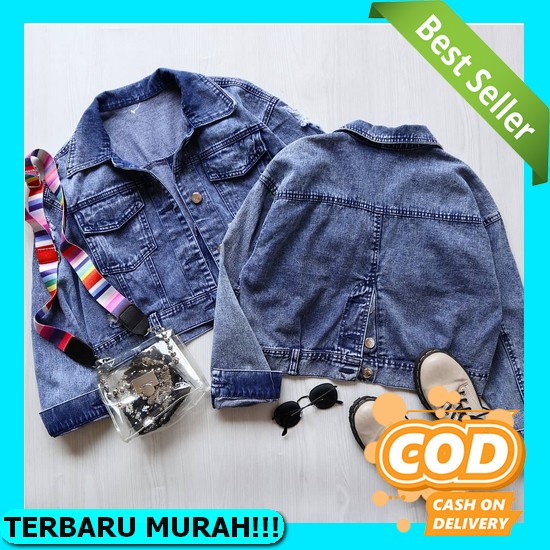 Jaket Crop Wanita Terbaru - Jaket Jeans Crop Snow Washed Model Lengan Karet - Jaket Jeans Wanita Kek
