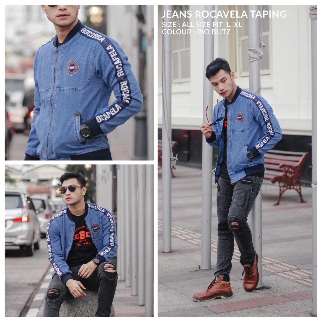 [COD] JAKET JEANS DENIM ROCAFELA TAPING/ JAKET JEANS LIST ROCAFELA / JAKET JEANS PRIA